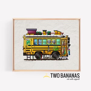 Hippie School Bus Van | Travel Trailer | Camper Van | Vanlife | Happy Camper Art Print | Whimsical | Camper Print Wall Decor |Glamping Decor