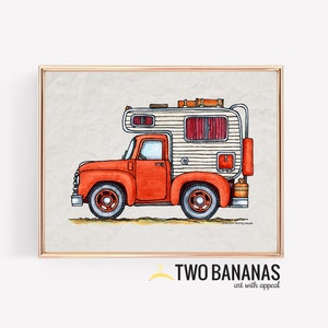 Pickup Truck Camper Art | Travel Trailer | Camper Van | Vanlife | Happy Camper Print | Whimsical | Camper Print Wall Decor | Glamping Decor