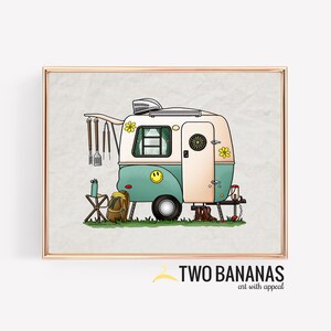 Happy Camper Art Print | Travel Trailer | Camper Van | Vanlife | Whimsical | Camper Print Wall Decor | Glamping Decor