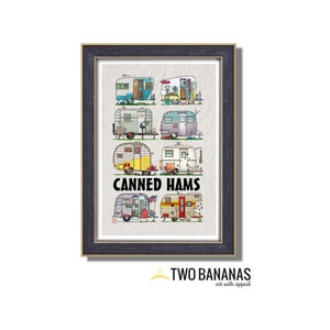 Canned Hams Camping Trailers Poster | 13x19 Wall Decor Art | Happy Camper Art Print | Whimsical | Camper Print Wall Decor | Glamping Decor