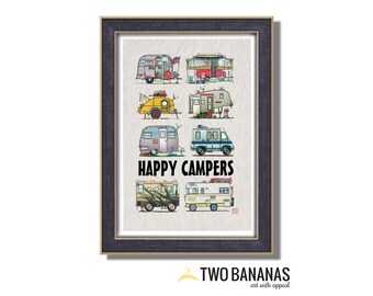 Campers RV Camping Trailers Poster | 13x19 Wall Decor Art | Happy Camper Art Print | Whimsical | Camper Print Wall Decor | Glamping Decor