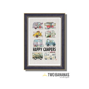 Campers RV Camping Trailers Poster | 13x19 Wall Decor Art | Happy Camper Art Print | Whimsical | Camper Print Wall Decor | Glamping Decor