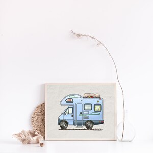 Over Cab Camper Travel Trailer Camper Van Vanlife Happy Camper Art Print Whimsical Camper Print Wall Decor Glamping Decor image 2