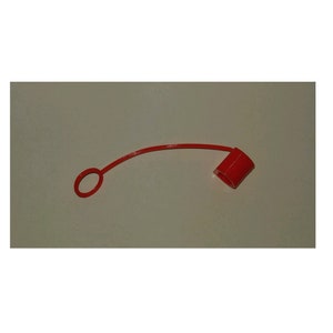 May include: A bright red cap with a loop and a flexible tether. The cap is cylindrical and appears to be made of plastic. The tether connects the cap to a small loop.