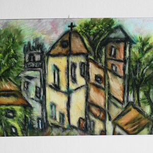May include: A pastel drawing of a group of buildings with a cross on top of one of the buildings. The buildings are drawn in a stylized way with simple shapes and lines. The drawing is done in shades of green, yellow, brown, and blue.
