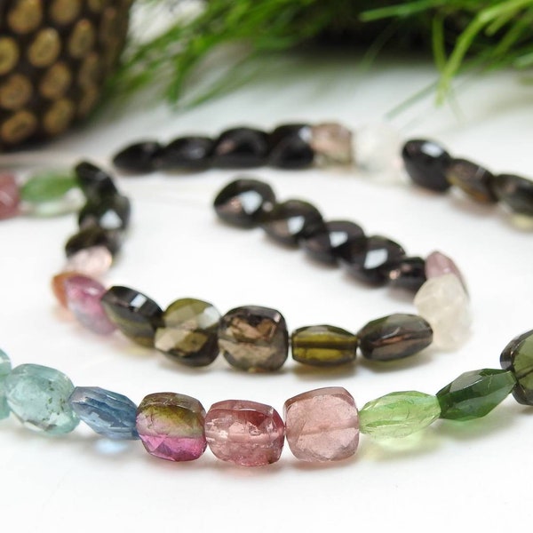 14Inch Tourmaline Micro Faceted Cushions,Square,Multi Color,Handmade,Loose Bead,Gemstone,For Making Jewelry,Necklace,Bracelet Natural BSJ-B6