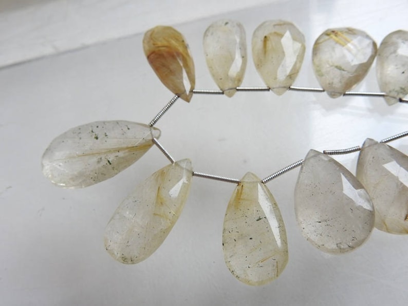 bsj GOLDEN RUTILE 1.Strand 14 Pcs Faceted Long Drop Shape Briolettes 100/% Natural Beautiful Quality Discounted Price New Arrival