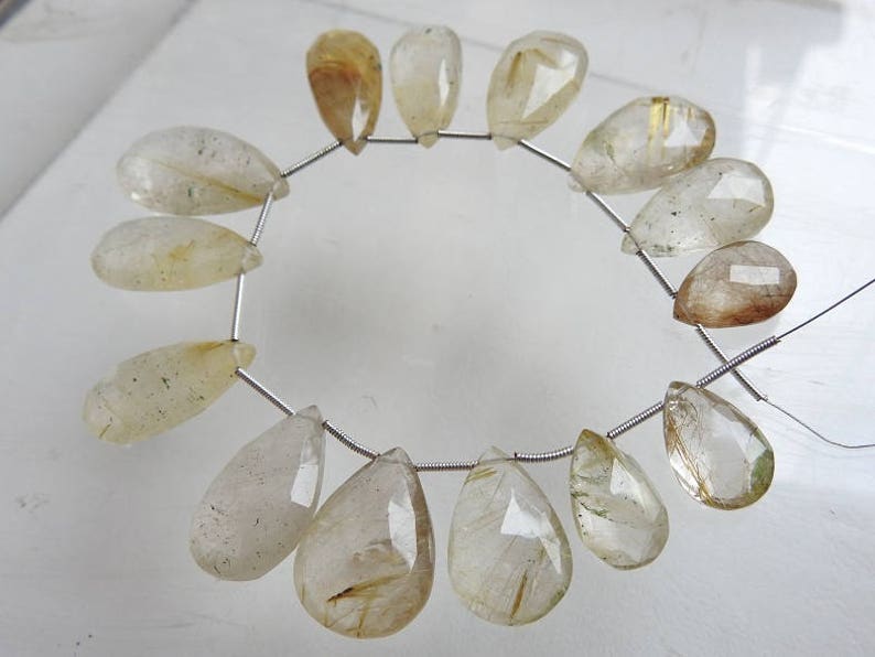 bsj GOLDEN RUTILE 1.Strand 14 Pcs Faceted Long Drop Shape Briolettes 100/% Natural Beautiful Quality Discounted Price New Arrival