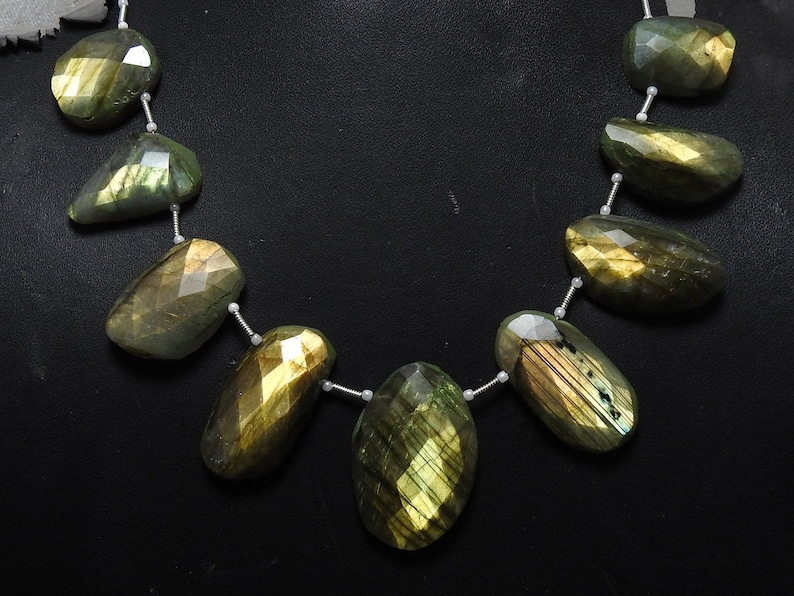 LABRADORITE 1.Strand 9 Pcs Faceted Fancy Shape Briolettes One Side Finished 100/% Natural Beautiful Quality Discounted Price New Arrival