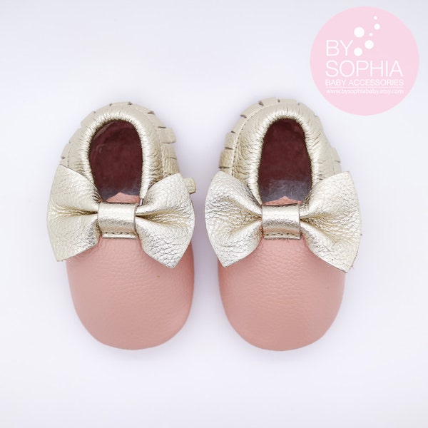 Baby Moccasins, Baby Gold and Pink Bow Moccasins, Baby Leather Shoes, Genuine Leather Moccs, Toddler Moccasins, Baby Moccs, Baby Moccasins