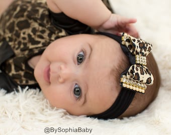 Luipaard Bow hoofdband Leopard Baby hoofdband, Baby Bow hoofdband, pasgeboren hoofdband, foto Prop, Leopard Bow hoofdband, Rhinestone hoofdband, 934