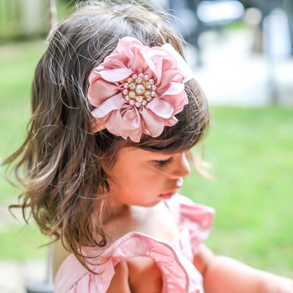 Baby Headband Headwrap, Pale Pink Flower Headband, Baby Bows, Pale Pink Baby Headband, Big Flower Headband, Flower Girl Headband, 827