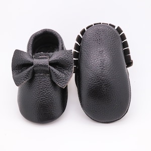 Baby Moccasins, Baby Black Bow Moccasins, Baby Leather Shoes, Genuine Leather Moccs, Toddler Moccasins, Baby Moccs, Baby Shower Gift