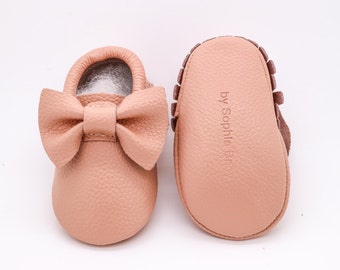 Baby Moccasins, Baby Blush Pink Bow Moccasins, Baby Leather Shoes, Genuine Leather Moccs, Toddler Moccasins, Baby Moccs, Baby Shower Gift