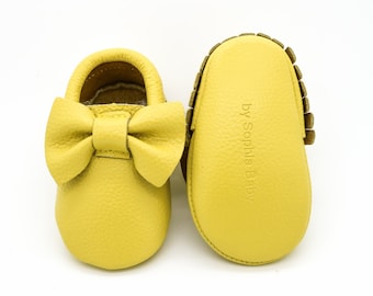 Baby Moccasins, Baby Yellow Bow Moccasins, Baby Leather Shoes, Genuine Leather Moccs, Toddler Moccasins, Baby Moccs, Baby Shower Gift