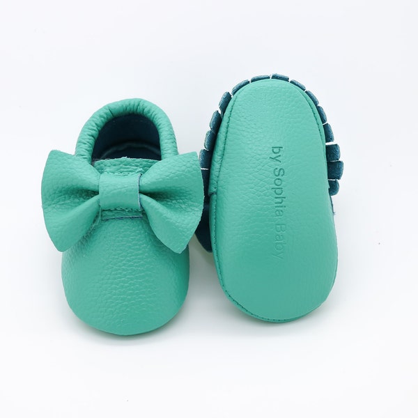 Baby Moccasins, Baby Teal Moccasins, Baby Leather Shoes, Genuine Leather Moccs, Toddler Moccasins, Baby Bow Moccasins