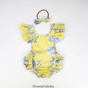 Baby Strampler, Baby Strampler und Stirnband, gelbe Blumen Baby Strampler set, Baumwolle Baby Strampler, Tea Party Romper Outfit, Baby-Dusche-Geschenk, 2248