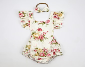 Conjunto de macacão para bebês meninas, macacão e tiara para bebês, conjunto de macacão floral para bebês, macacão de algodão para bebês, macacão para festa de chá, presente de chá de bebê, 2248
