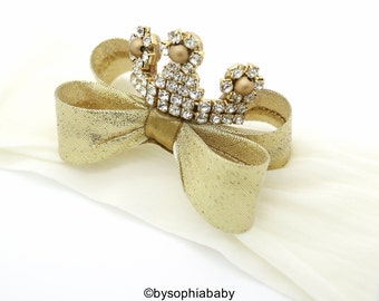 Baby Tiara,  Gold Bow Crown Headband, Princess Headband, Princess Tiara, Photo Prop, Bow Headband, Nylon Headband, 1009