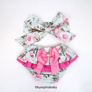 Pink Floral Ruffle Back Bloomers and Headband, Baby Flower Headband, Floral Baby Bloomers, Baby Summer Set, Cotton Baby Bloomer set, 2626
