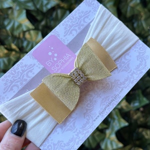 Gold Bow Headband, Baby Bow Headband, Newborn Headband, Baby Girl Headband, Photography Prop, Gold Baby Headband, Ivory Baby Headband, 715