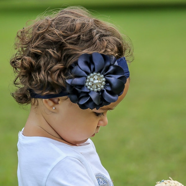 Baby Headband Headwrap, Navy Blue Baby Headband, Baby Girl Headband, Photo Prop, Big Flower Headband, Flower Headband, Nylon Headband, 827