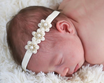 Baby Headband, Baby Pearl Flower Headband, Newborn Ivory Head band,  Baby Pearl Headband, Flower Girl Headband, Baptism Headband, 1546