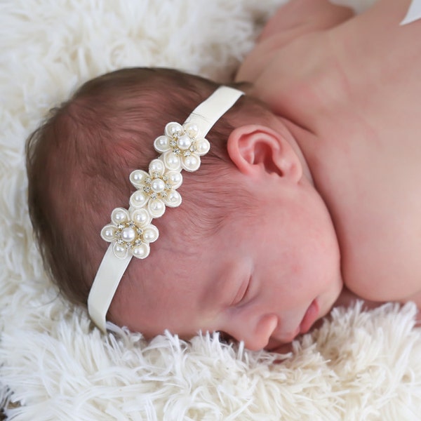 Baby Headband, Baby Pearl Flower Headband, Newborn Ivory Head band,  Baby Pearl Headband, Flower Girl Headband, Baptism Headband, 1546