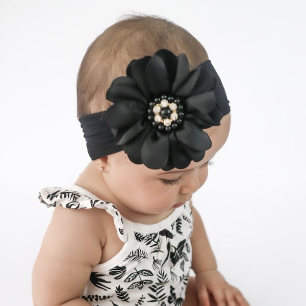 Black Headband Headwrap, Baby Flower Headband, Baby Girl Headband, Photo Prop, Big Flower Headband, Flower Headband, Baby Headband, 827