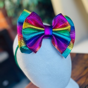 Rainbow Metallic hair Bow Hair Clip and  headband, Gold Headband, Turban Head Wrap, Shiny Pink  Headband, Baby Toddler Little Girl, 230