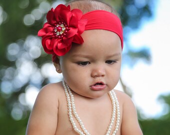 Baby Headband Headwrap, Red Baby Headband, Christmas Headband, Red Flower Headband, Girls Headband, Baby Bows, Red Flower Headband, 827