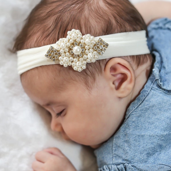Baby Headband, Baby Pearl Flower Headband, Newborn Ivory Head band,  Baby Pearl Headband, Flower Girl Headband, Baptism Headband, 1419
