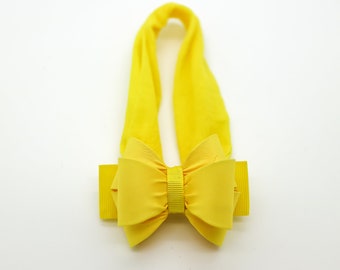 Yellow Baby Bow Headband, Yellow Baby Head band, Yellow Baby hair Bow, Newborn Headband, Baby Headband, Nylon Headband, Yellow Bow, 1699
