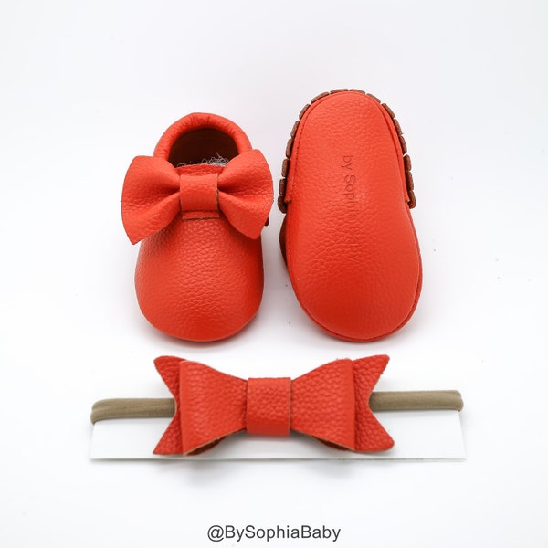 Baby Moccasins, Orange Moccasins, Baby Leather Shoes, Genuine Leather Moccs, Toddler Moccasins, Baby Bow Moccasins