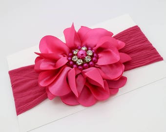 Baby Headband Headwrap,Hot Pink Baby Headband, Baby Girl Headband, Photo Prop, Big Flower Headband, Pink Headband, Baby Flower Headband, 827