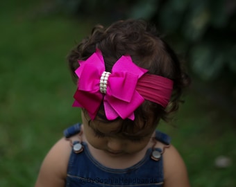 Baby Headband Headwrap, Hot Pink Baby Headband, Newborn Headband, Photography Prop, Nylon Headband, Pink Bow Headband, Big Bow Headband, 906