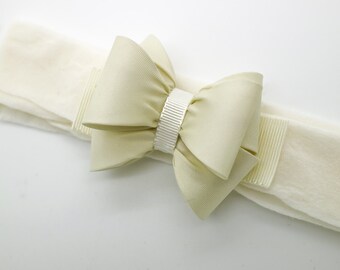 Ivory Bow Headband, Ivory Girls Headband, Baby Ivory Bow Headband, Newborn Headband, Baby Headband, Nylon Headband, Champagne Hair Bow, 1699