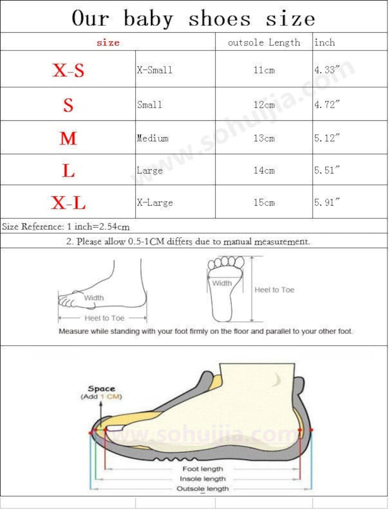 May include: A chart showing baby shoe sizes in UK inches and centimetres. The chart shows the size, description, outsole length in centimetres, and outsole length in inches. The chart also includes a diagram showing how to measure a baby's foot for shoe size.