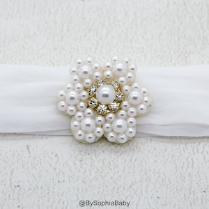 Baby Headband, Baby White Pearl Flower Headband, Baby White Headband,  Baby Pearl Headband, Flower Girl Headband, Baptism Headband, 937