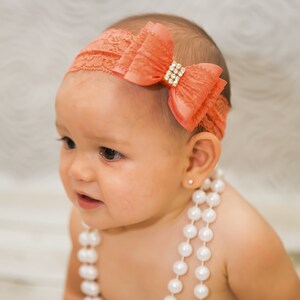 Coral Big Bow Headband, Coral Baby Headband, Newborn Headband, Baby Bow Headband, Coral Lace Headband, Orange Headband, Bow Headband, 908