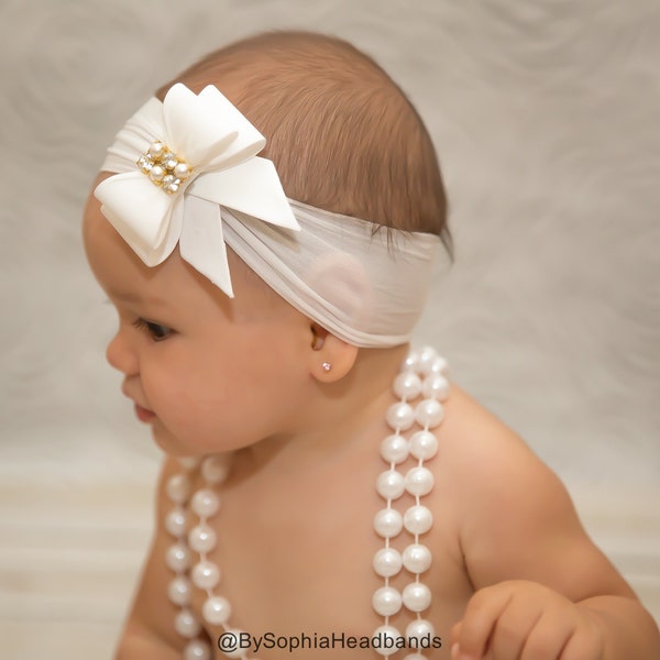 White Bow Headband, Baby Bow Headband, Nylon Headband, Baptism Headband, White Baby Headband, Newborn Headband, Christening Headband, 798