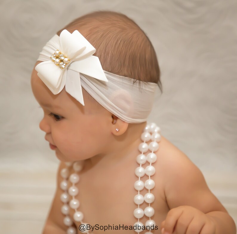 White Bow Headband Baby Bow Headband Nylon Headband Baptism Etsy