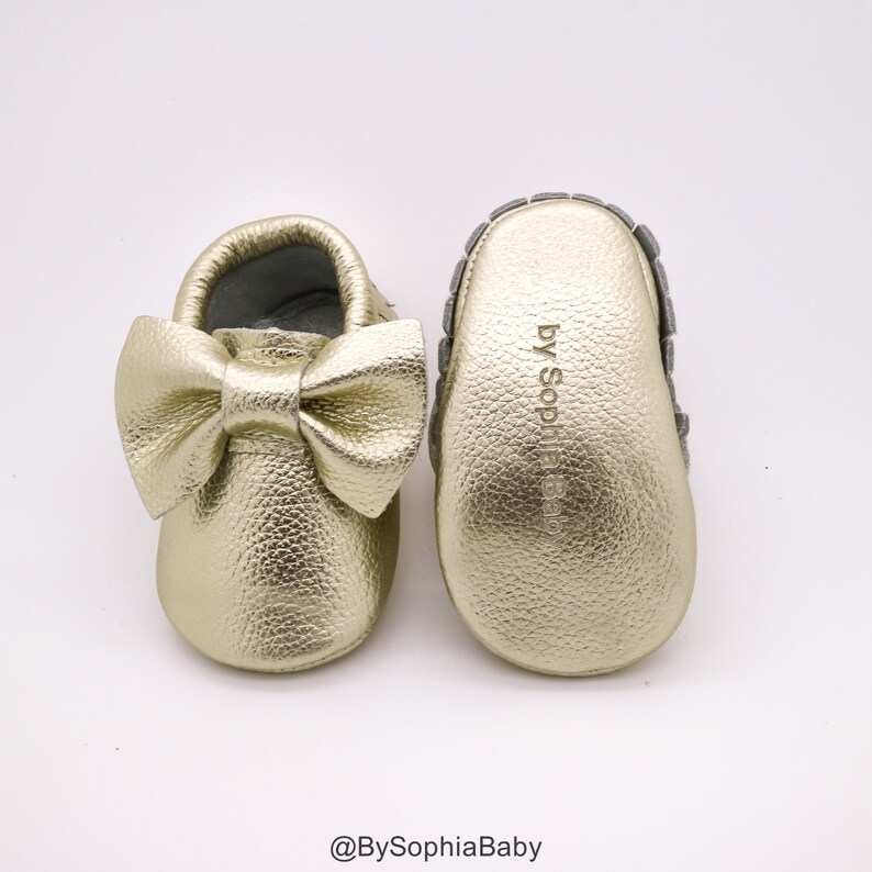 Baby Moccasins Baby Gold Bow Moccasins Baby Leather Shoes image 1