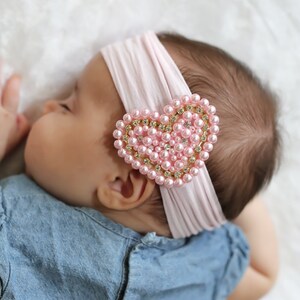 Baby Headband, Pink Pearl Heart Headband, Baby Light Pink Headband, Baby Head wrap, Flower Girl Headband, Baby Pink Head band, 1436 image 2