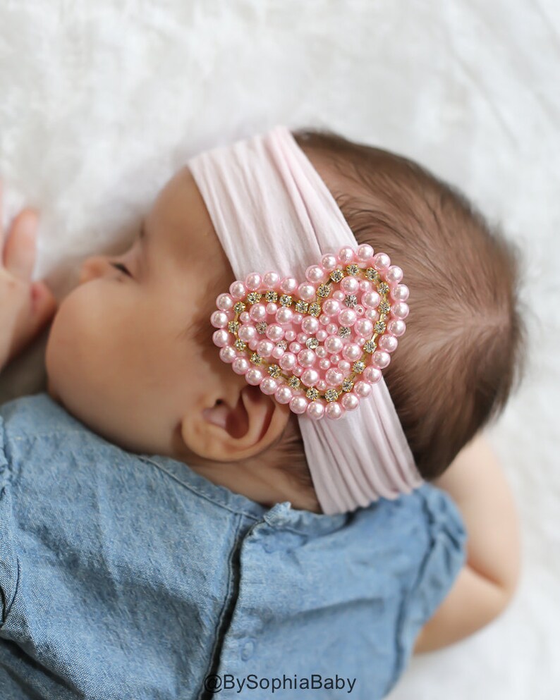 Baby Headband, Pink Pearl Heart Headband, Baby Light Pink Headband, Baby Head wrap, Flower Girl Headband, Baby Pink Head band, 1436 image 2