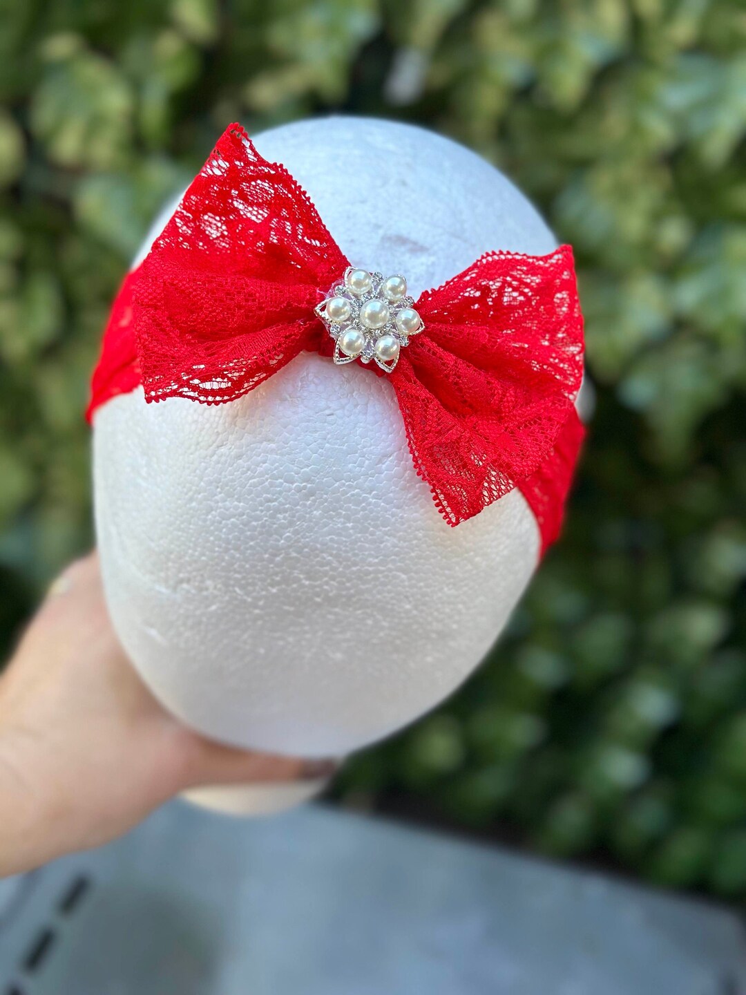 Red Lace Bow Headband, Christmas Headband, Red Baby Headband, Unique Baby Headband, Newborn