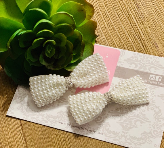 Pearl Set Bow Hair Clip, Ivory Bow Hair Clip, Pearl Baby  display picture 2