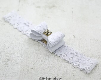 Baby Headband, White Baby Headband, Flower Girl Headband, White Bow Headband, White Baby Bow, Lace Head band, Baby Bow Headband, 1428