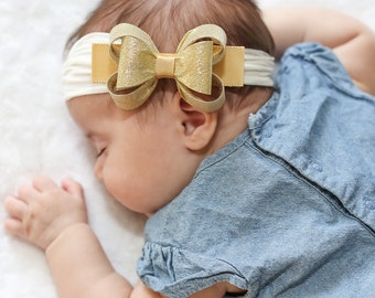 Baby Headband, Gold Baby Headband, Gold Bow Headband, Nylon Headband, Baby Girl Gold Head band, Gold Baby Head Wrap, Baby Gold Bow, 1431