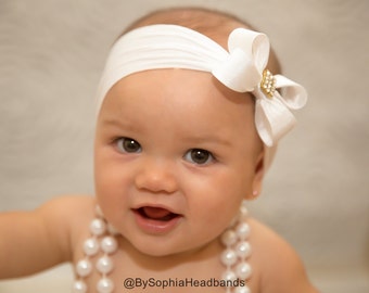 Baby Headband Headwrap, White Baby Headband, White Baby Bow Headband, Baby Girl Headband, White Bow Headband, Nylon Headband, 923